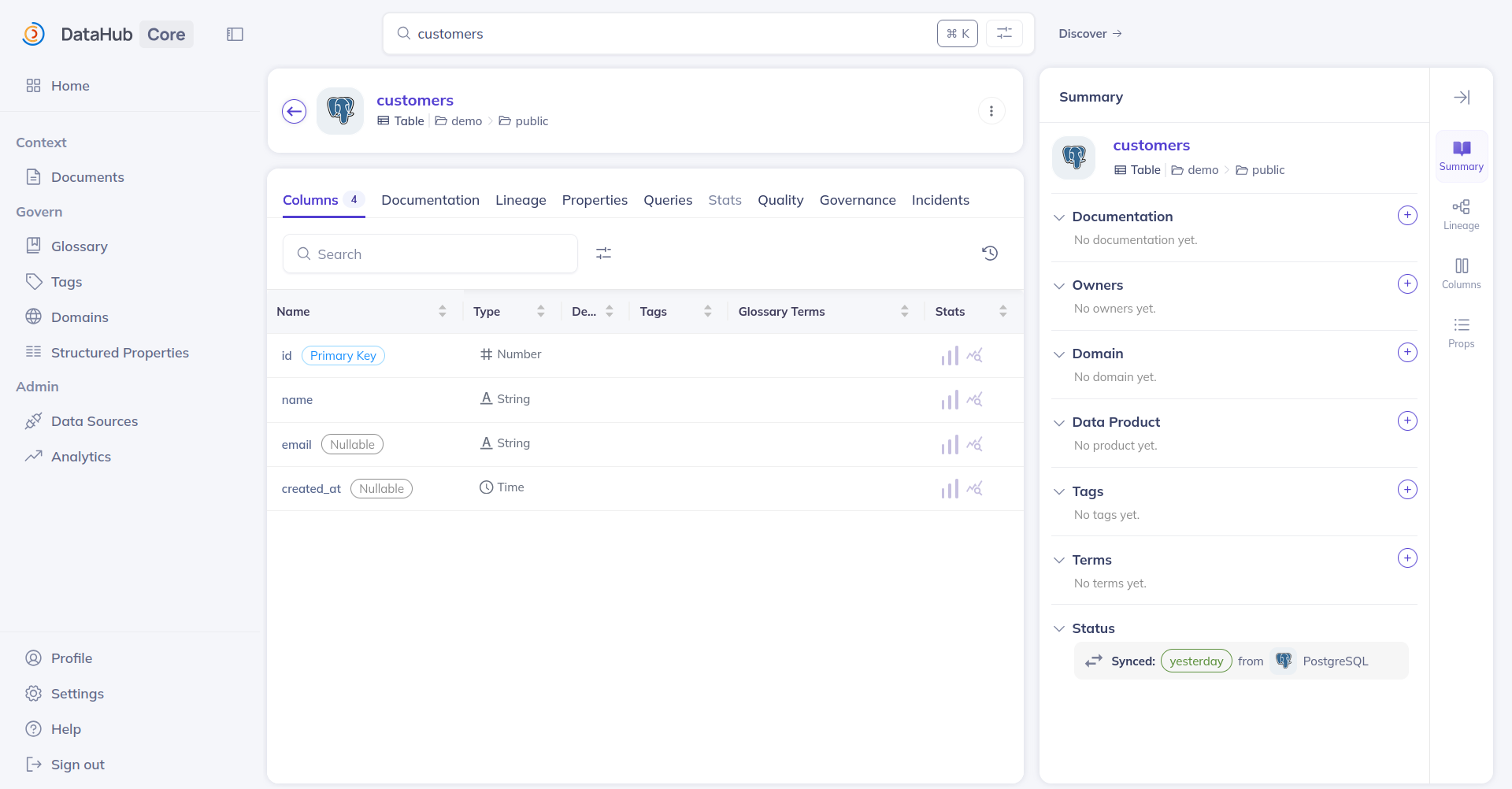 The customers dataset in DataHub search results, showing its column schema
